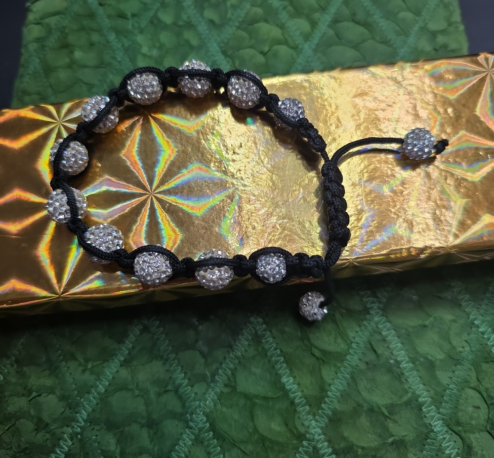 Crystal Pave Bead Macrame Bracelet - Black Cord, Clear Crystals